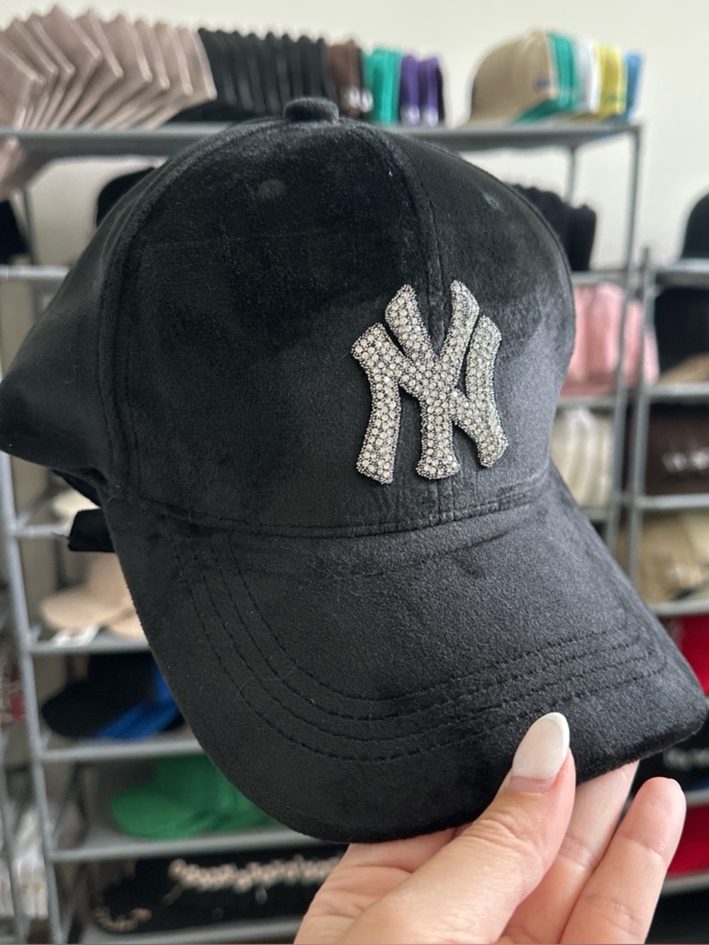 Black Crystal NY Logo Velvet Suede Baseball Cap - Picture 3 of 4